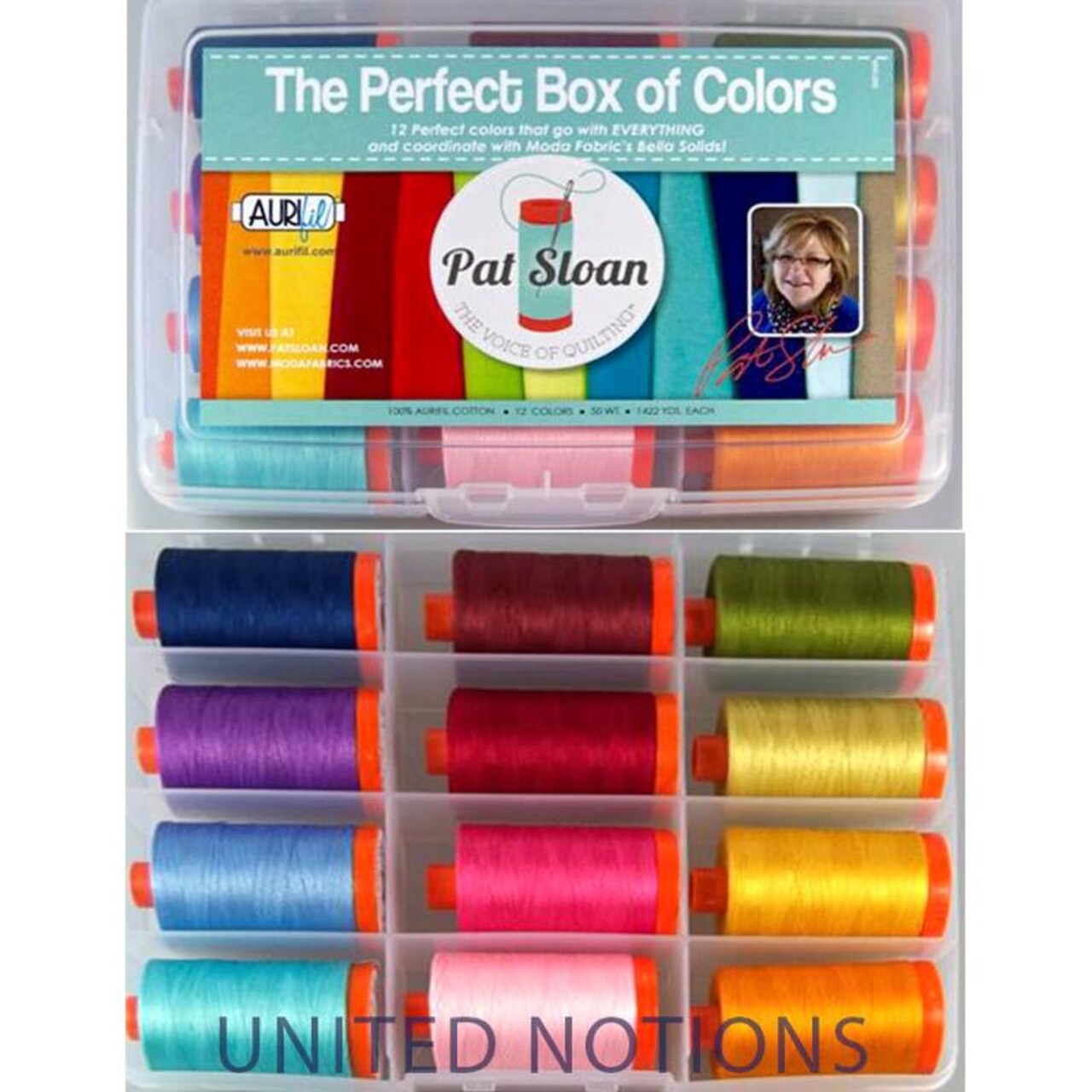 Aurifil The Perfect Box of Colors Thread Set by Pat Sloan | (12 50wt Cotton Large Spools.)